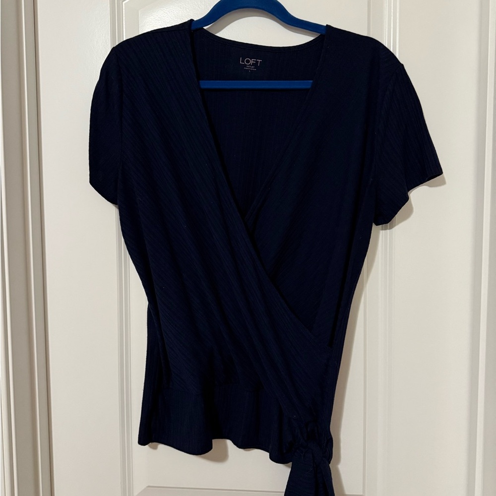 LOFT Navy Wrap Short Sleeve Blouse
